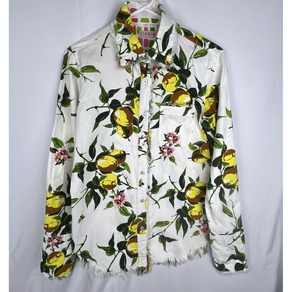 TIZZIE Lemons‎ Bees Print Contrast Cuff Sleeve Button Up Shirt XS 100% Cotton